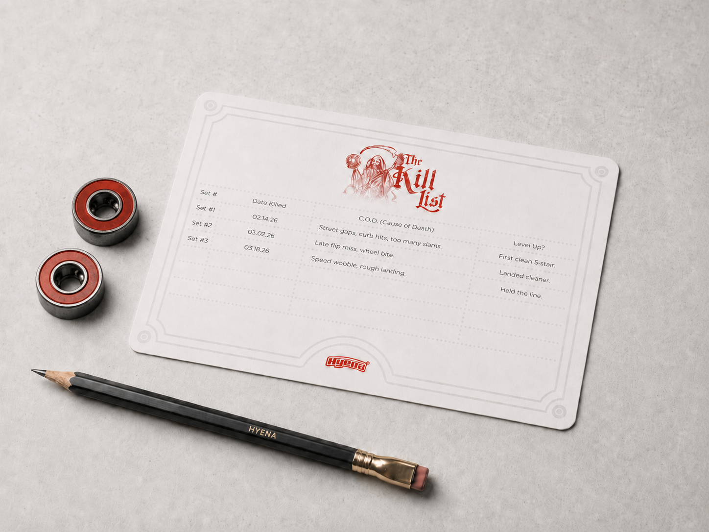 HYENA Kill List care card with bearings and pencil