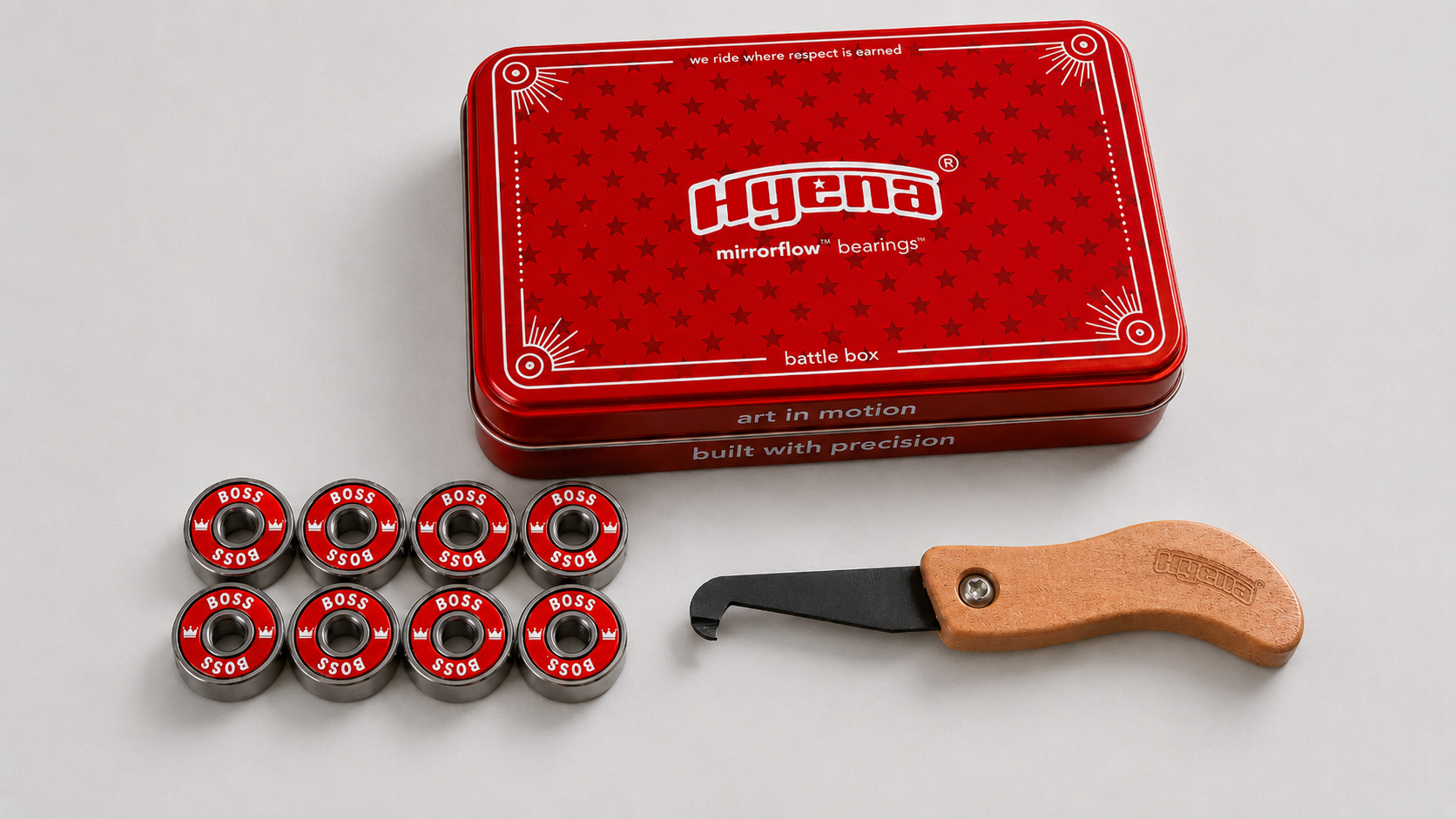 HYENA red battle box with 8 BOSS rubber seal bearings and Rubber Seals-removal tool