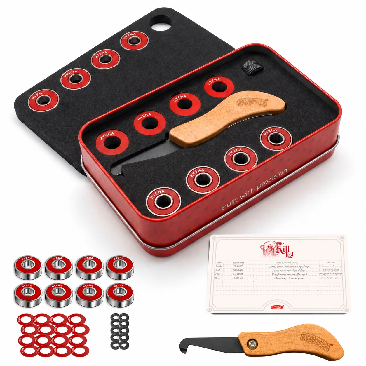 HYENA red battle box with 8 red rubber seal bearings and Rubber Seals-removal tool