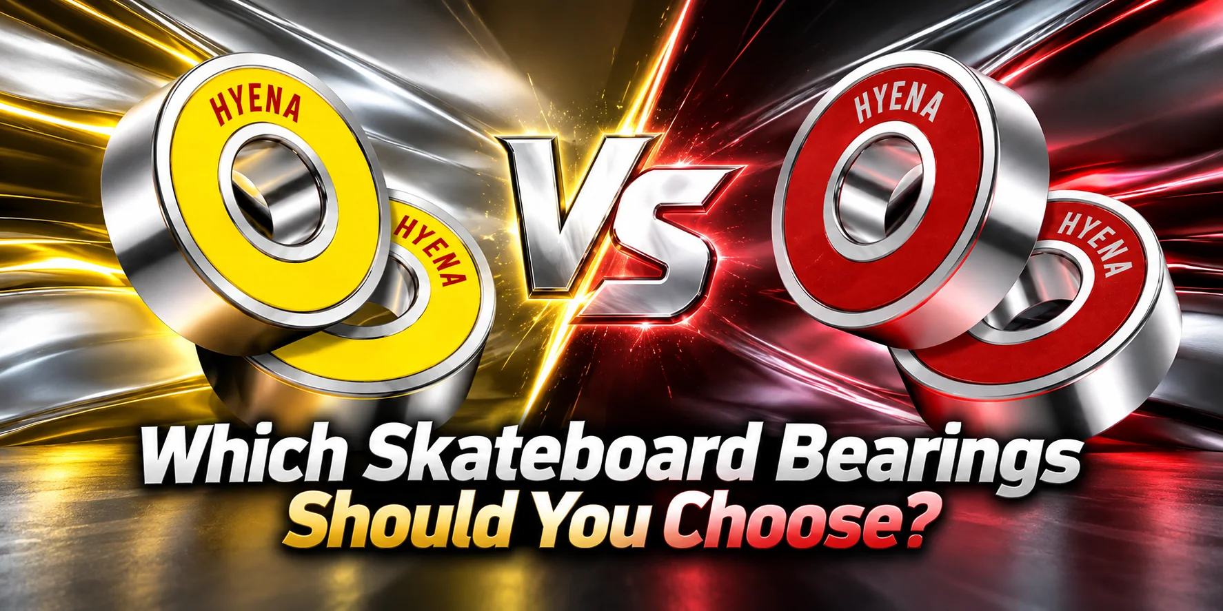 HYENA Street Core skateboard bearings with red rubber seals beside Hyper Speed bearings with yellow rubber seals.
