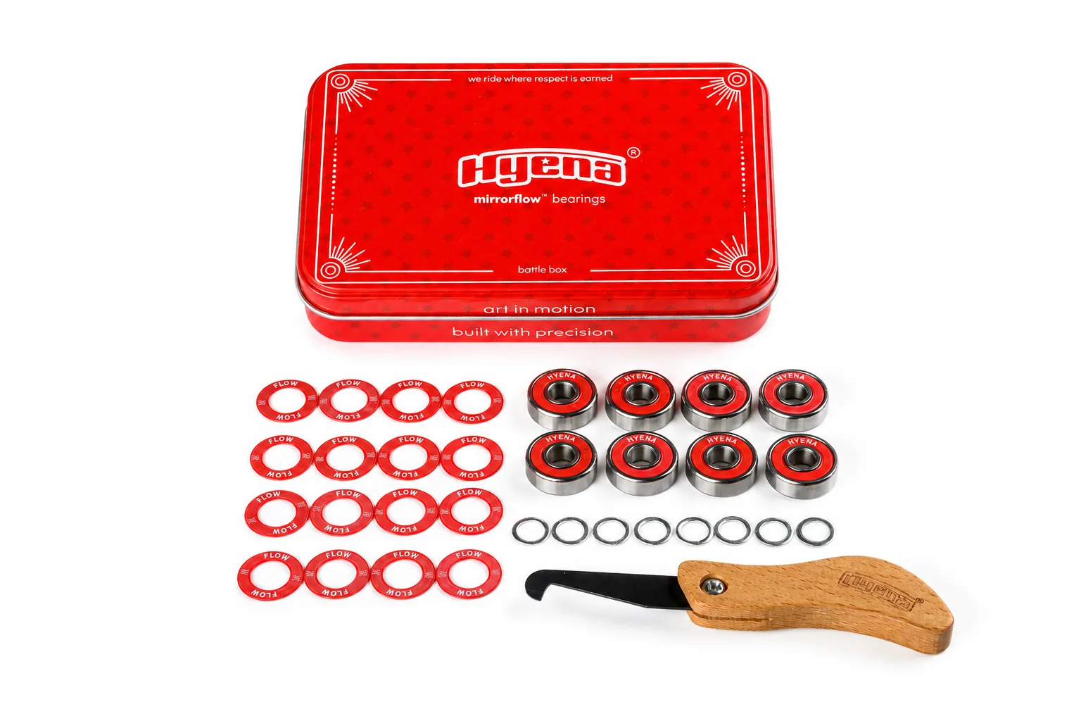 HYENA bearings, a red tin, and accessories on a white background.