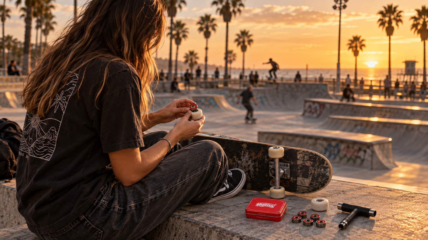 A skater holding a skateboard wheel, with red bearings and a HYENA tin nearby.